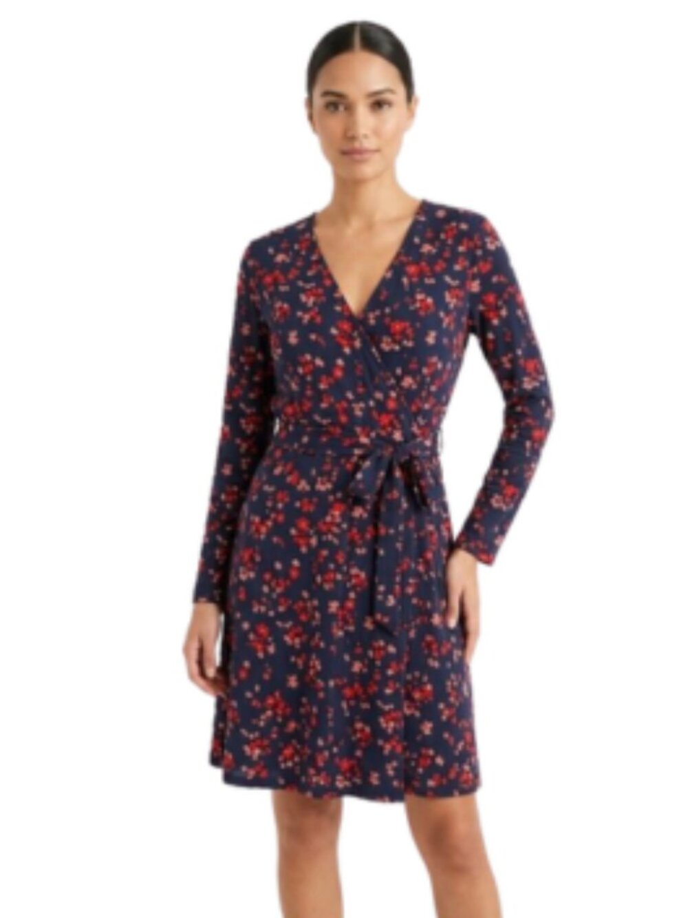 LOFT Floral Navy Wrap Dress Long Sleeve Midi V-Neck Tie Front Zipper Career sz 4